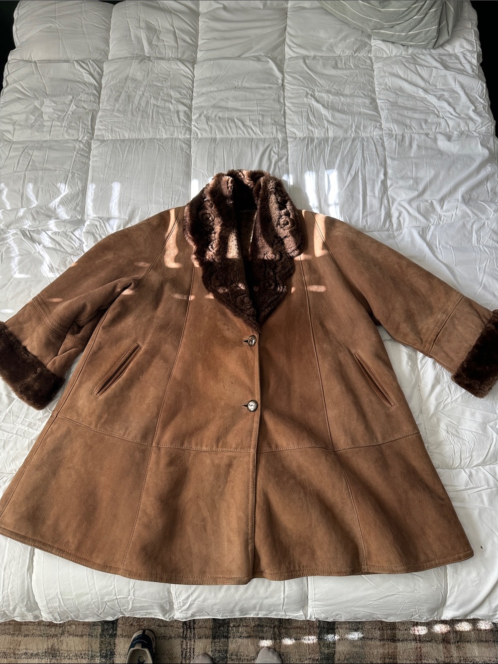 Women's Brown Suede Shearling Coat with Fur Trim